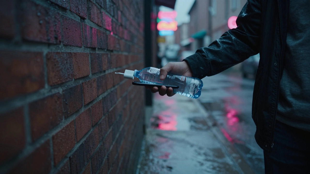 A hand offering water and a phone charger to someone in an alley at night.