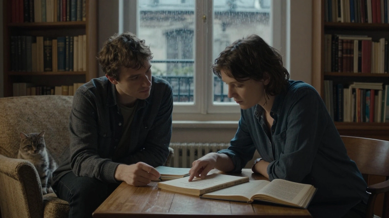 A woman shares poetry with a man in a cozy Paris apartment, rain on the window and a cat resting nearby.
