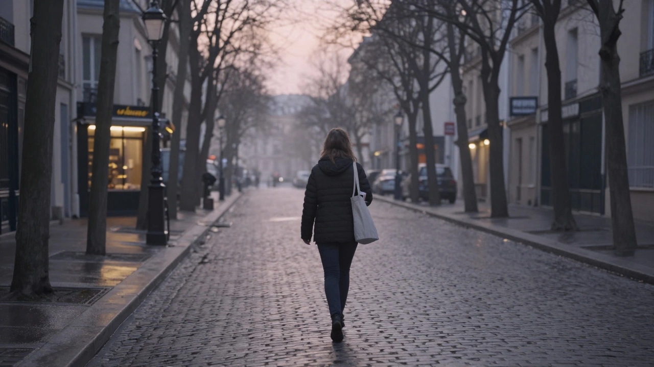 A woman walks alone at dawn in a quiet Paris street, her reflection visible on wet cobblestones.