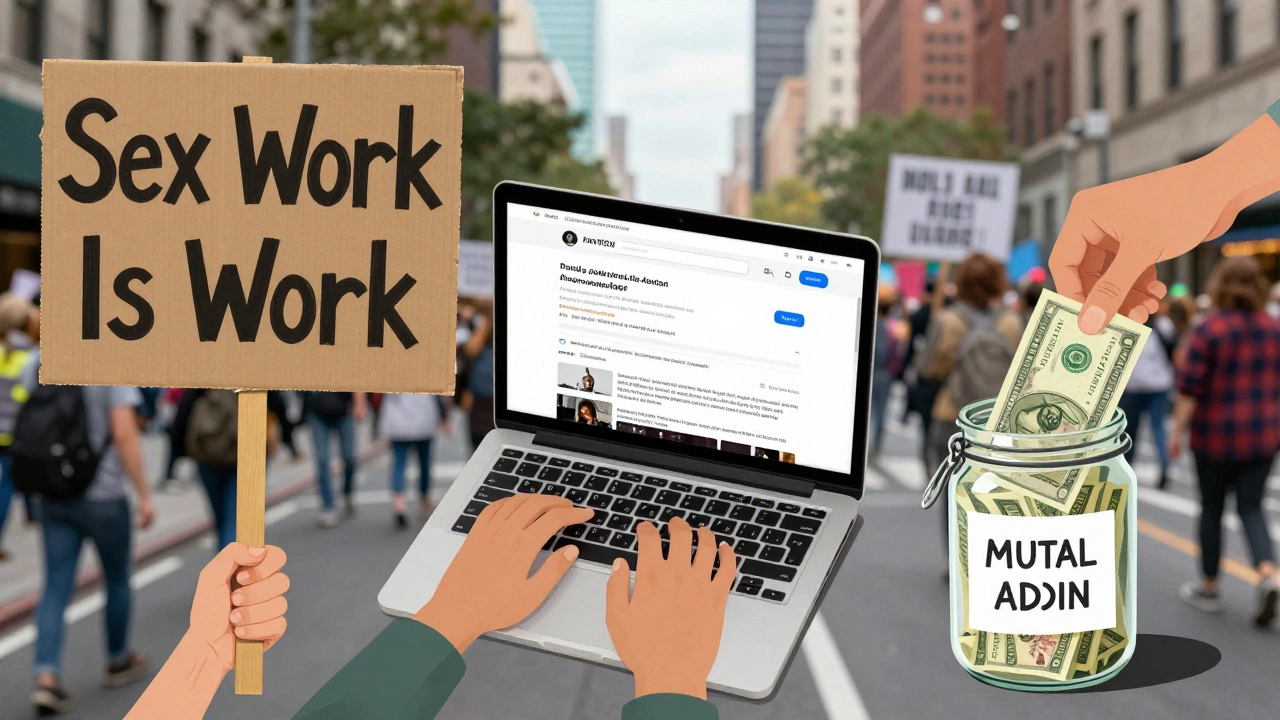 Collage of hands representing mutual aid, digital work, and protest for sex worker rights.